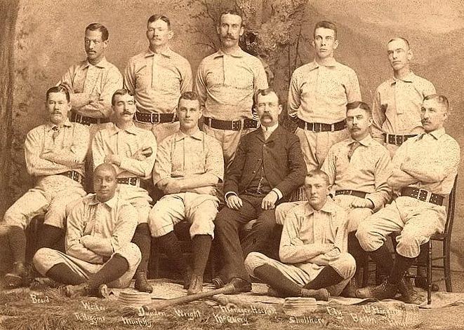 1888 Syracuse Stars. Moses Fleetwood Walker is at the top left, Robert Higgins at bottom left. Bones Ely is top row, second from right.