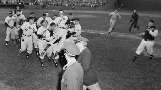 Cleveland Indians pitcher Gene Bearden is carried off the field by  enthusiastic teammates at the end of a game at Fenway Park, Oct. 4, 1948,  Boston, Mass. Bearden held the Boston Red