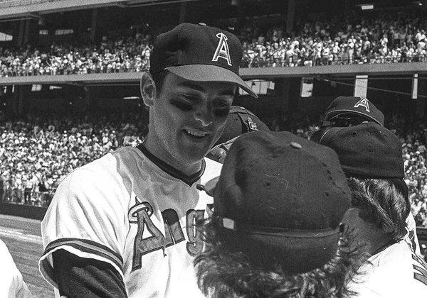 Pitcher Nolan Ryan of the California Angels sits in the dugout during