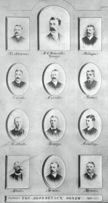 Top row: Hoss Radbourn, Frank Bancroft, Barney Gilligan. Second row: Cliff Carroll, Jack Farrell, Sandy Nava. Third row: Paul Radford, Jerry Denny, Ed Conley. Bottom row: Joe Start, Arthur Irwin, Paul Hines.