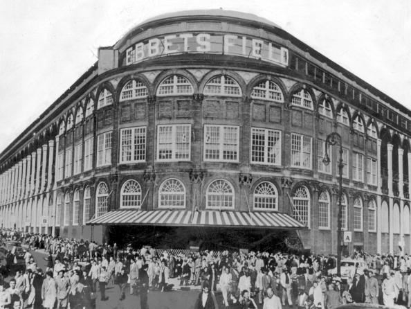 EBBETS FIELD Before the GAME- Getting the Dodger's Home Field ready/ people  lining for ticket/one could me waiting for a grandstand seat