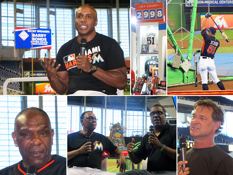 At SABR 46 on July 29, 2016, guest speakers at the Marlins Park ballpark session included (clockwise from top left): Barry Bonds, Don Mattingly, Eduardo Perez and Tony Perez, and Andre Dawson. (Also pictured: Ichiro Suzuki during batting practice.)