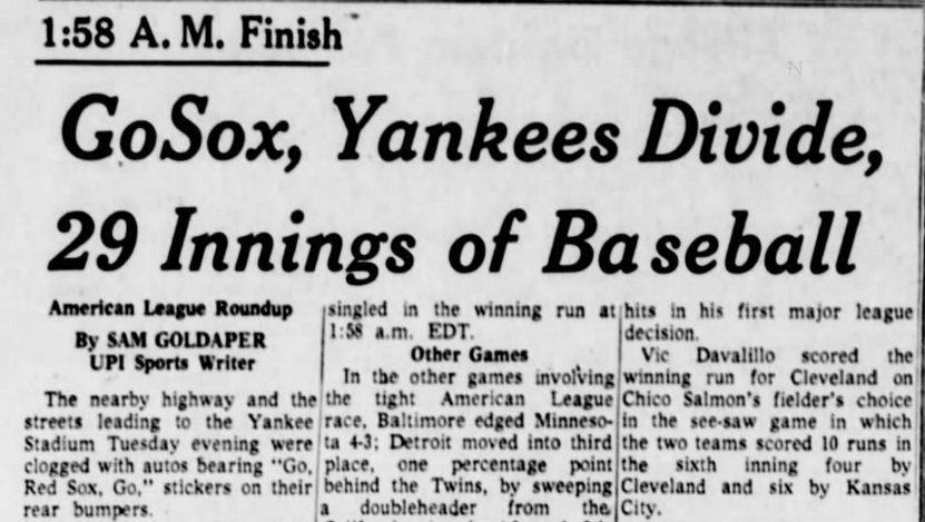 August 29-30, 1967: Yankees, Red Sox play 40 innings in 24 hours
