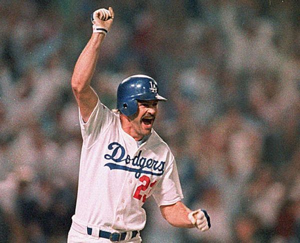 Kirk Gibson celebrates his game-winning homer in Game 1 of the 1988 World Series (MLB.COM)