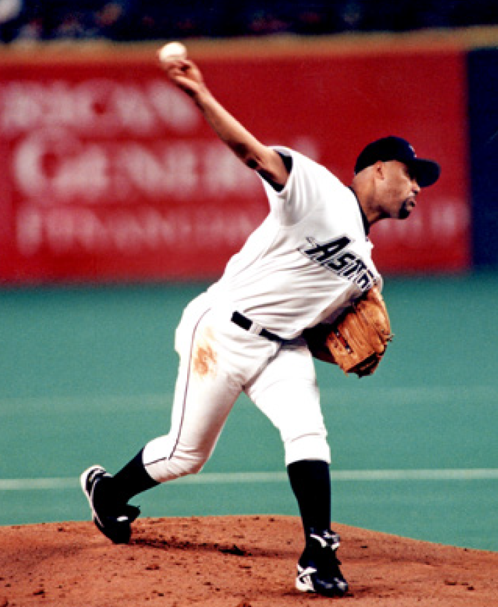 Houston Astro pitcher Jose Lima puts on his rally cap during the