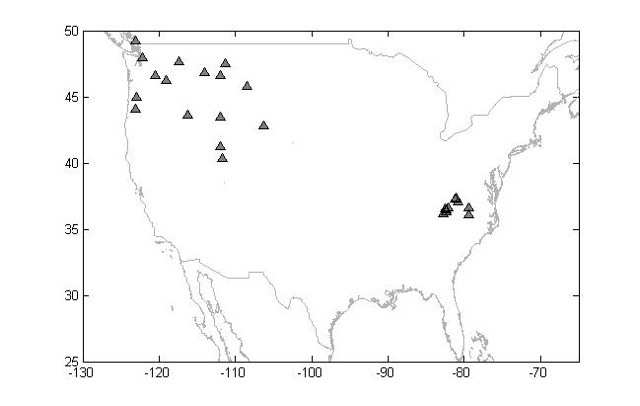 Location of the 26 Pioneer, Northwest, and Appalachian League stadiums in this study.