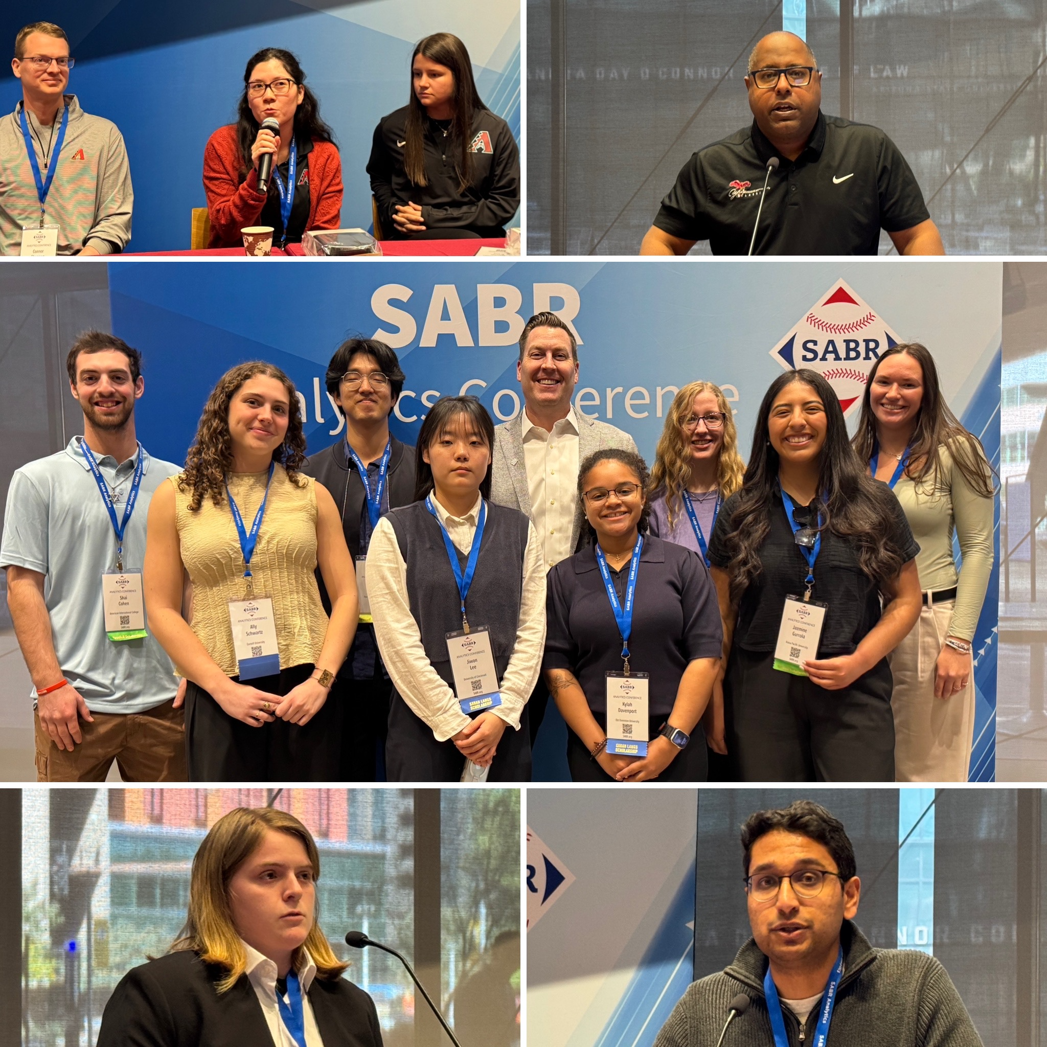 2026 SABR Analytics Conference. Clockwise from top-left: Arizona Diamondbacks Front Office 360 panel, Tyrone Brooks of Major League Baseball, SABR Analytics Conference Yoseloff Scholarship and Sarah Langs Scholarship recipients, Siddharth Ramakrishnan, Jessica Fackler of Syracuse University
